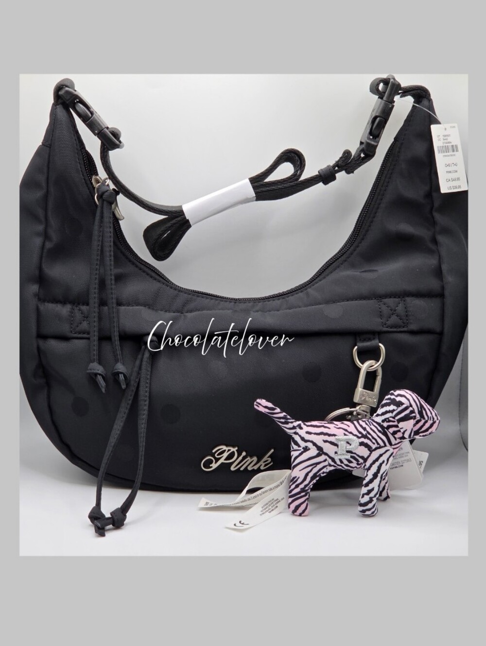 Victoria's Secret PINK Black Sling Bag With Pink Zebra Dog Charm